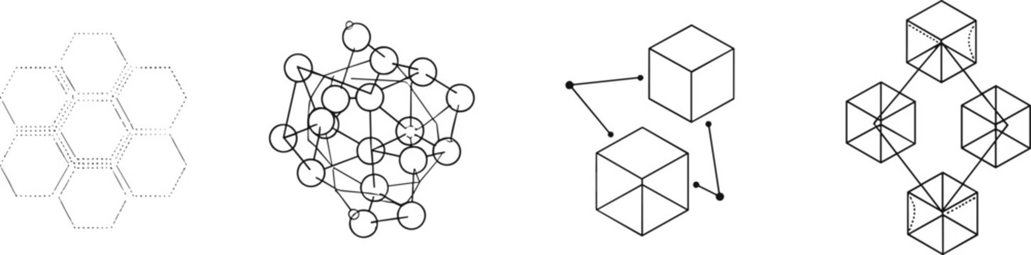 Abstract Technology and Network Icon Set with Hexagonal Grids, Connected Nodes, and 3D Cubes Representing Data Flow and Digital Structures