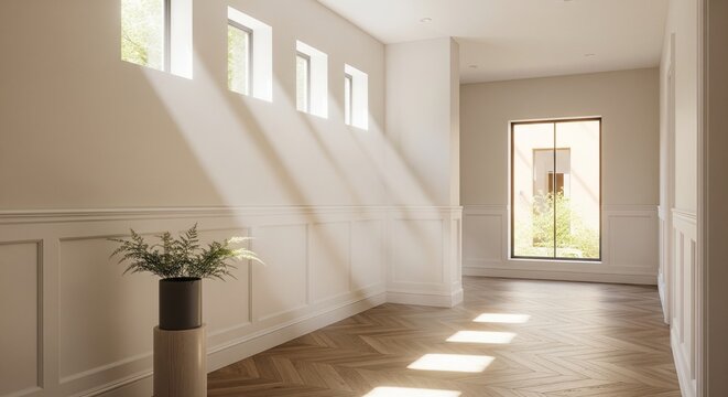 Sunlit empty hallway with wooden floor and small windows