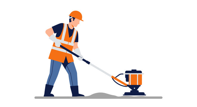 Construction worker in safety gear operating a plate compactor machine, professional flat vector illustration isolated on white background.