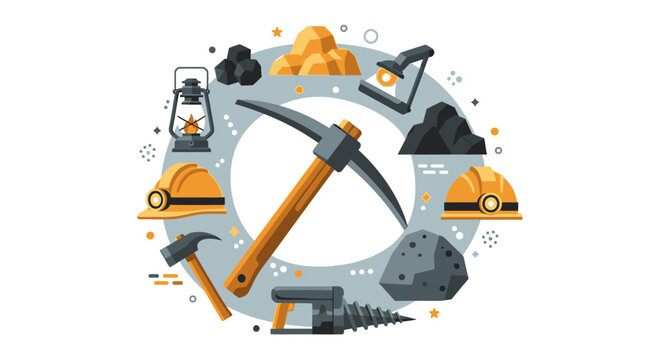 Industrial Mining Tools and Equipment Icon Set Featuring Pickaxe, Hard Hat, Gold Bars, Coal, and Jackhammer in a Modern Flat Design Style
