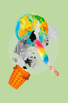 Collage trend artwork sketch poster of bsaket garbage hand hold leaner tool green planet awareness trash ecosystem support responsibility
