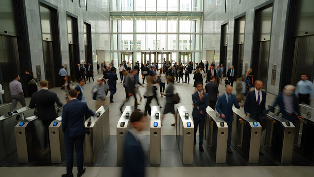 Busy office building lobby with people walking through turnstiles and elevators