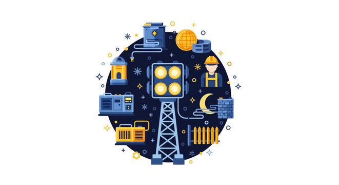 Industrial Construction Site Equipment and Light Tower Flat Vector Illustration
