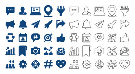 Fototapeta premium Collection of modern social media and business icons representing communication, marketing, and growth.