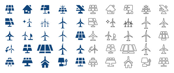 Collection of renewable energy icons including solar panels and wind turbines for sustainable power concepts. ©  Farida9377
