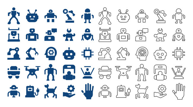 Collection of diverse robot and technology icons representing automation and artificial intelligence