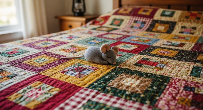 Grey plush mouse on a vintage patterned quilt bed