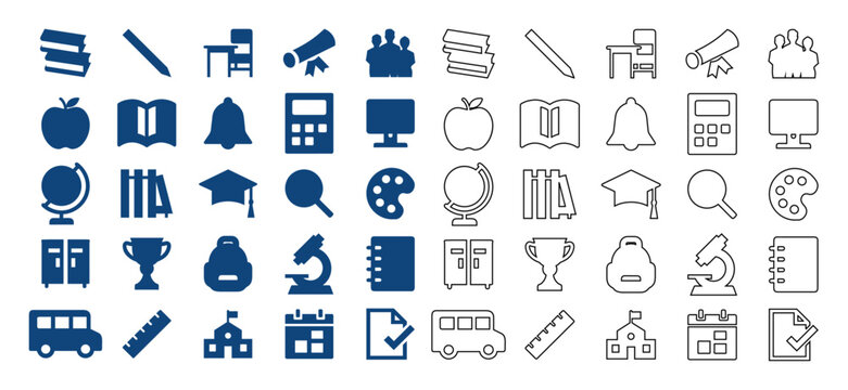 Collection of educational icons representing learning, knowledge, and school supplies
