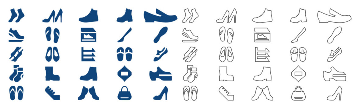 Diverse collection of footwear icons, from athletic shoes to elegant heels and casual sandals.