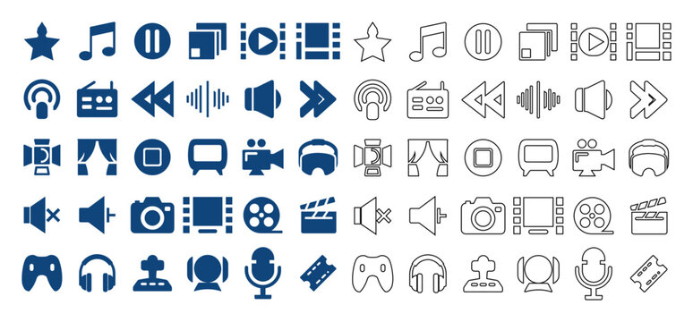 Collection of media and entertainment icons for digital content creation and design