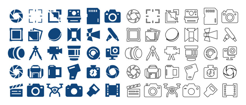 Collection of photography and videography icons in blue and outline styles