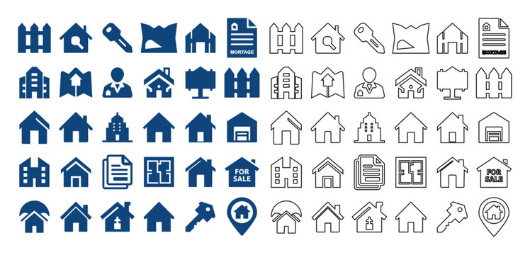Diverse collection of real estate icons representing homes, keys, and property.