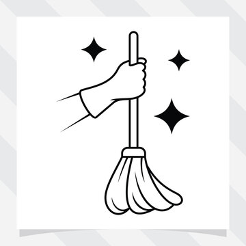 hand wearing yellow cleaning glove holding a mop cleaning floor. Cleaning products and supplies. vector logo icon illustration.