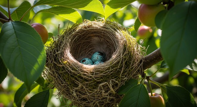 A cozy bird's nest nestled in a fruit tree, containing three light blue speckled eggs. The scene is illuminated by soft, warm sunlight filtering through the lush green foliage and nearby ripening frui