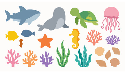 Cute sea creatures and marine plants vector illustration set © abdul