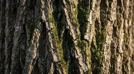 Obraz premium Close-up of Tree Bark with Moss in Natural Sunlight