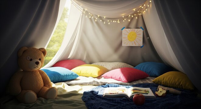 Childrens tent fort with pillows teddy bear and lights