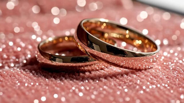 Macro close-up of two gold wedding rings on a sparkly pink background. Shiny golden bands symbolizing marriage and commitment. Luxury jewelry detail