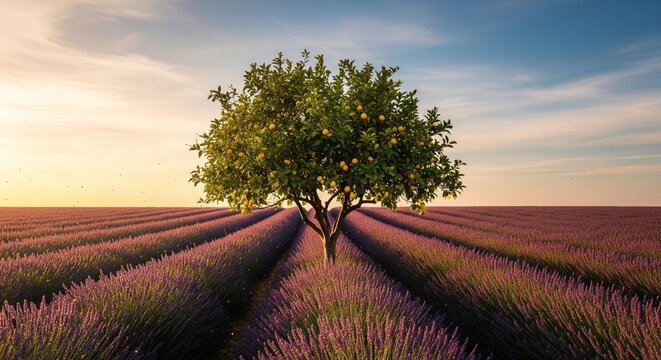 Single lemon tree in lavender field at sunset landscape