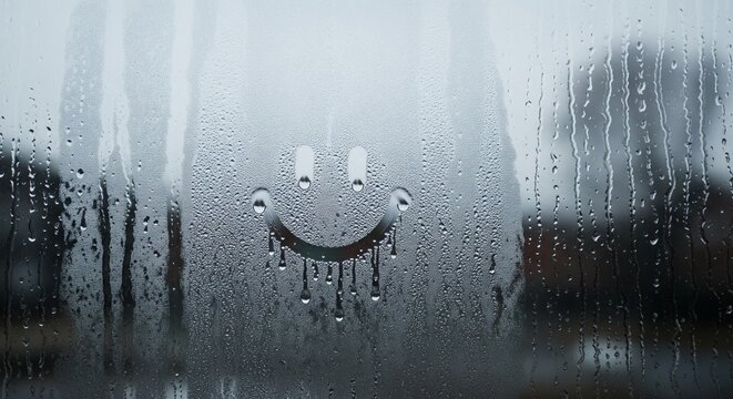A cheerful smiley face traced in the condensation on a window with water dripping down the glass