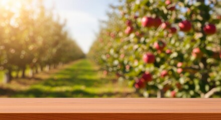 Fototapeta premium Sunny apple garden blurred background with wooden table