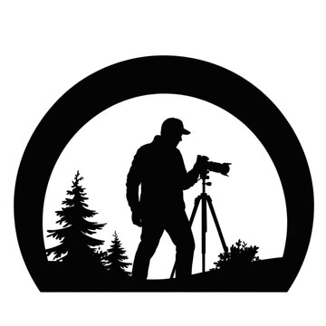 Professional nature photographer silhouette with camera on tripod in forest landscape, wildlife photography vector illustration