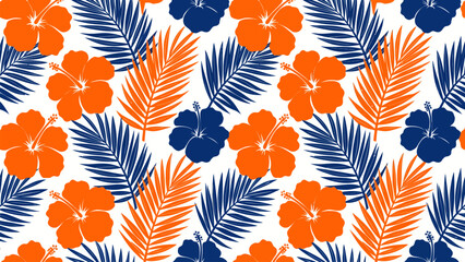 Trendy tropical floral seamless pattern with orange hibiscus flowers and blue palm leaves. Flat vector background ideal for fashion, fabric, wallpaper, and branding. © yossi