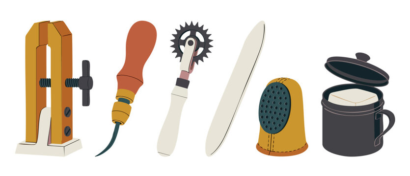 Leather Crafting Tools Set, Professional Leatherworking Equipment Collection, Stitching and Cutting Supplies with Wooden Clamp, Awl, Tracing Wheel, Bone Folder, Thimble, and Wax in Isolated White Back