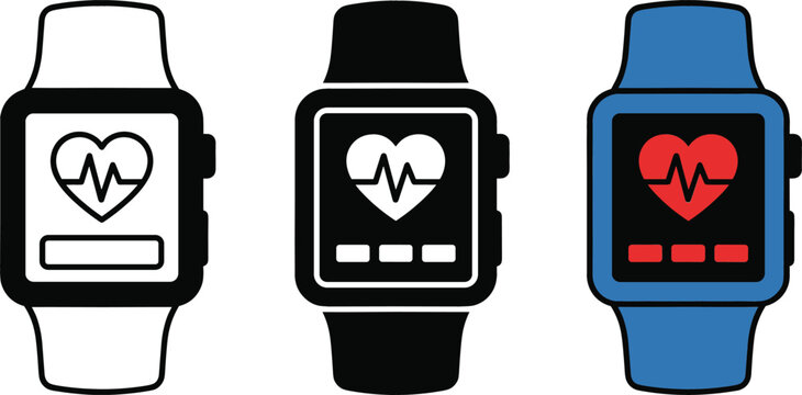 Professional Smartwatch Icon Set with Heart Rate Monitor for Fitness Tracking, Healthcare Monitoring, and Wearable Technology Device Graphic Designs
