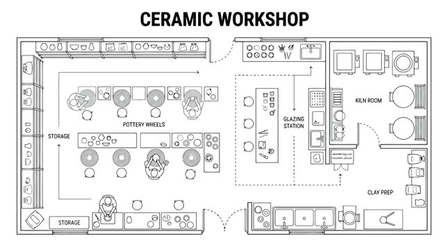Ceramic Workshop Floor Plan Architectural Blueprint Vector for Pottery Studio Design, Interior Planning & Art School Layout (EPS)