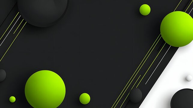 Minimalist 3D geometric background with lime green and black spheres and diagonal lines on a split dark and light layout design