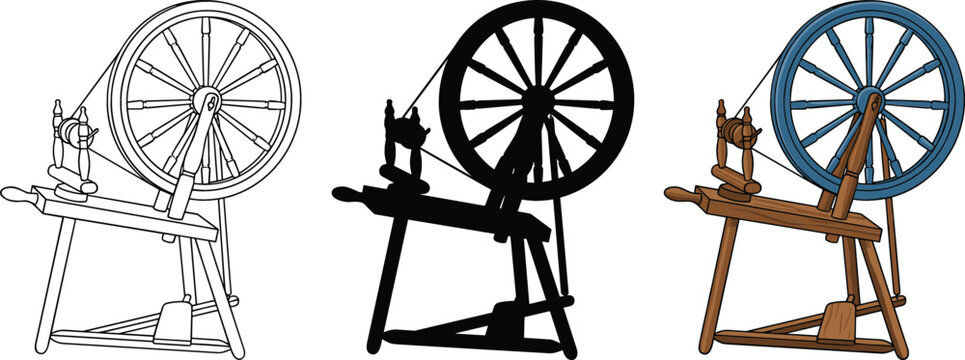 Professional Traditional Wooden Spinning Wheel Icon Set for Textile Industry, Handcraft Weaving, Yarn Production, and Vintage Folklore Cultural Heritage Designs