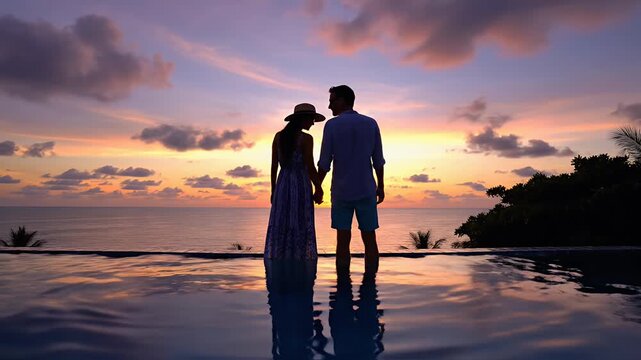 Romantic couple holding hands watching sunset over the ocean, travel concept.
