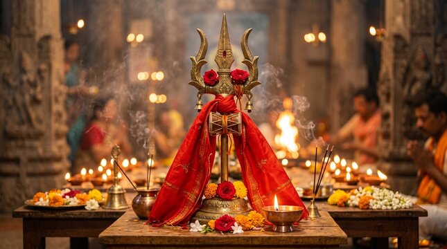 Bhaum Pradosh Vrat Artistic Composition Featuring a Brass Trishula Trident with Red Silk Cloth Symbolizing Mangal and Lord Shiva Influence