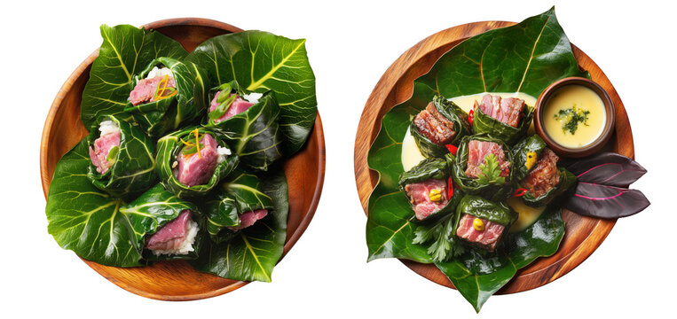 Lu Pulu corned beef cooked in coconut milk in taro leaves in wooden bowl, isolated on white background, concept of Polynesian food