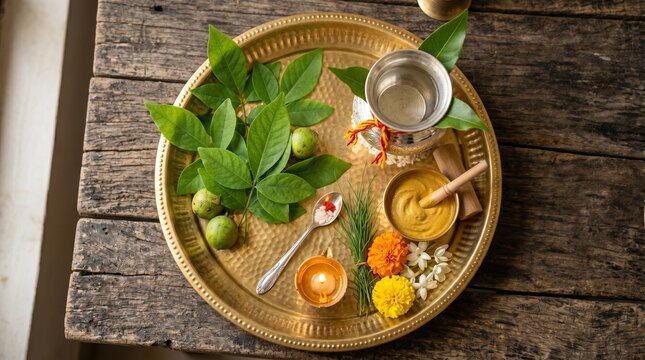 Sawan Pradosh Vrat Puja Thali with Sacred Bilva Leaves, Silver Kalash, and Sandalwood Paste on a Rustic Wooden Background for Lord Shiva Worship