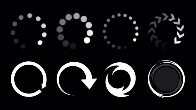 White loading icons set. Minimalist circular progress bars and spinners loop
