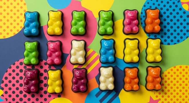 A top-down view of gummy bear candies in different colors arranged in a grid on a bright, multi-colored circle and dot patterned background