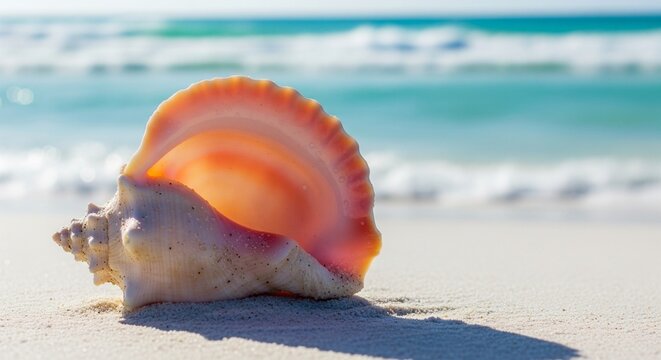 A pink-toned queen conch shell positioned on the sand, showing its smooth interior, with soft ocean waves and a clear blue sky behind it