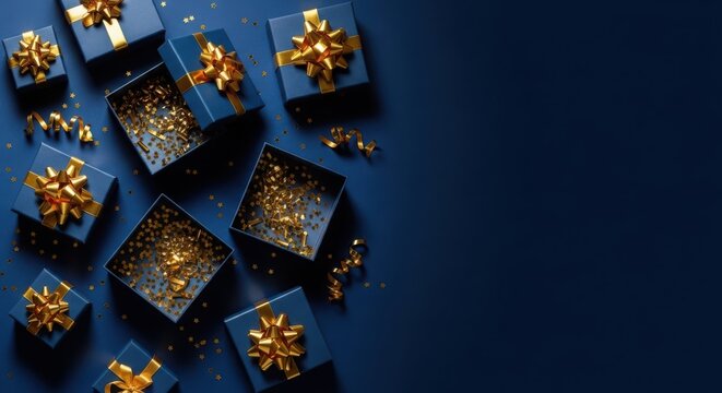 Set of blue gift boxes with gold ribbons on dark background presents christmas