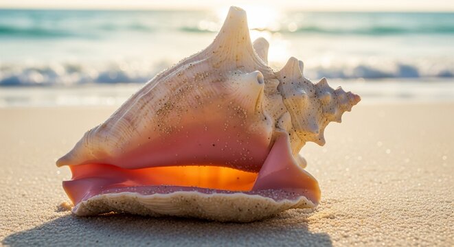 A large, beautiful conch shell resting on a white sandy beach with the blue ocean waves and bright sunlight in the blurred background