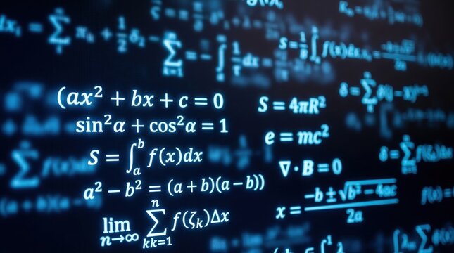 Mathematical Equations and Formulas on Digital Screen with Blue Glow