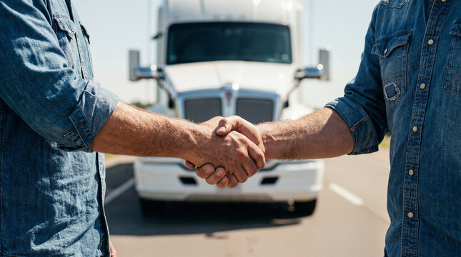 Two truck drivers shaking hands in front of a semi trailer on the road, symbolizing logistics partnership, transport agreement, teamwork and reliable freight delivery service