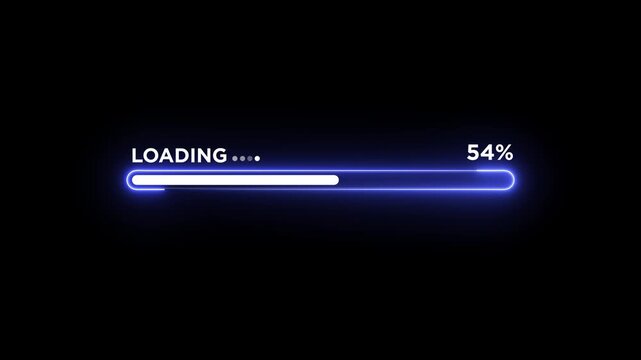 Glowing neon loading progress bar with futuristic progress 0 to 100%.Abstract loading,downloading,upload icon animation on black background.
