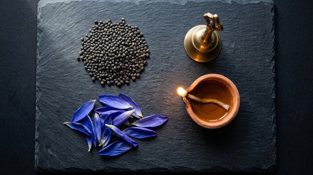 Shani Pradosh Vrat offerings with blue lotus petals, brass bell, black urad dal and a glowing clay lamp on a dark slate surface