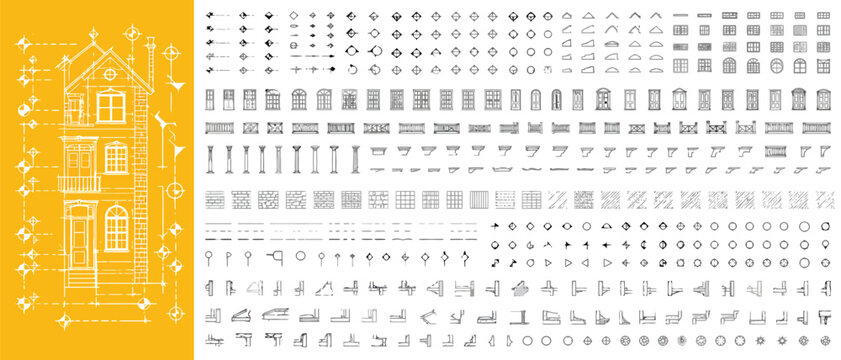 Architectural House Blueprint and Construction Element Vector Icon Set for Real Estate Development, Building Design & Urban Planning (EPS)