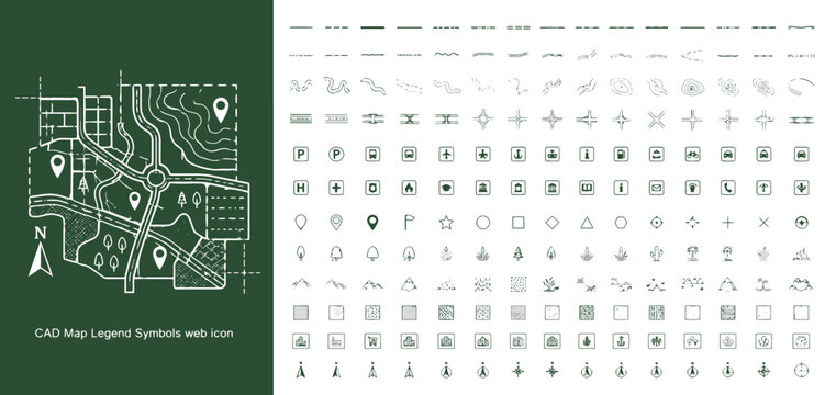 CAD Map Legend Symbols and Topographic Navigation Vector Icon Set for Urban Planning, Cartography Projects & Architectural Site Surveys (EPS)