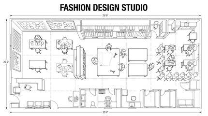 Obraz premium Fashion Design Studio Floor Plan Architectural Blueprint Vector for Interior Design, Apparel Manufacturing & Workspace Planning (EPS)