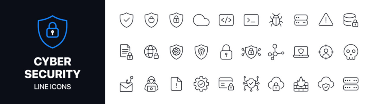 Cyber security line icons set featuring minimal vector symbols, modern outline style, and clean design. Perfect for apps, UI design, web security projects, tech interfaces, and digital branding.	
