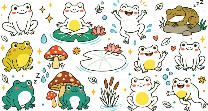 Cute frog cartoon collection with lily pads, mushrooms and pond nature elements in colorful flat vector illustration style